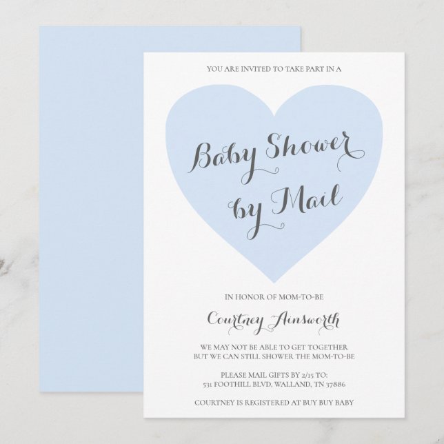 Niedliche Pastel Blue Heart Boy Babydusche per Mai Einladung (Vorne/Hinten)