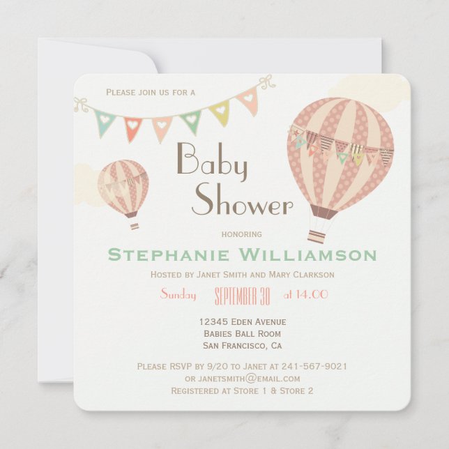 Niedliche Pastel Bunting & Hot Air Balloons Babydu Einladung (Vorderseite)