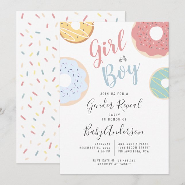 Niedliche Pastel-Donuts-Girl- oder Jungengeschlech Einladung (Vorne/Hinten)