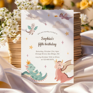 Niedliche Pastel Dragons Kindergeburtstag Party Einladung