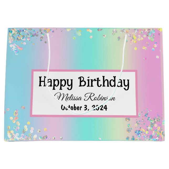 Niedliche Pastel Holographic Happy Birthday Große Geschenktüte (Vorderseite)