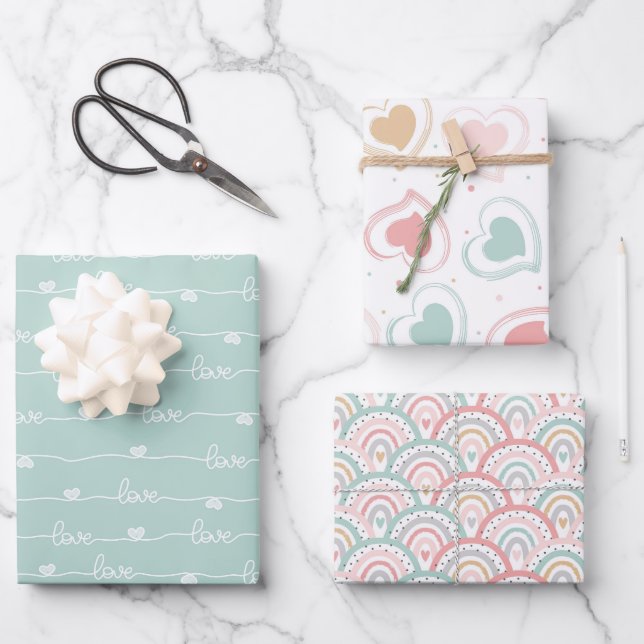 Niedliche Pastel-Liebe Herz-Regenbogen - Packpapie Geschenkpapier Set (Vorderseite)