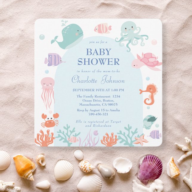 Niedliche Pastel Ocean Friends Blue Baby Dusche Einladung (Von Creator hochgeladen)