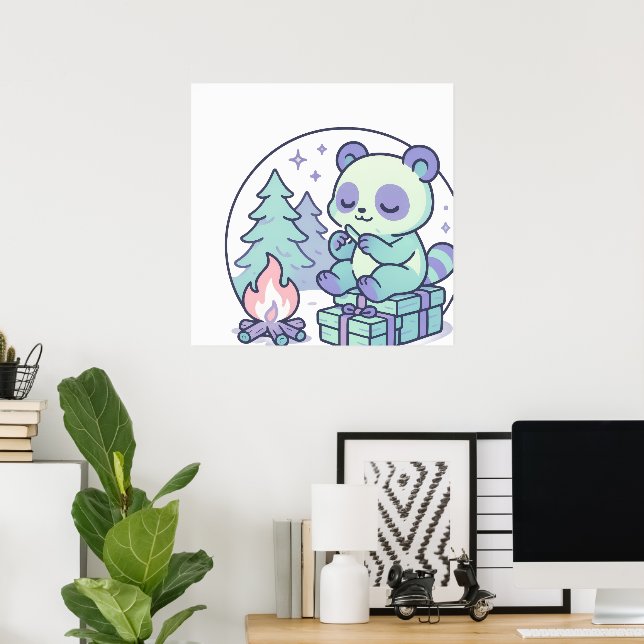 Niedliche Pastel Panda am Campfire mit Geschenken Poster (Heimbüro)