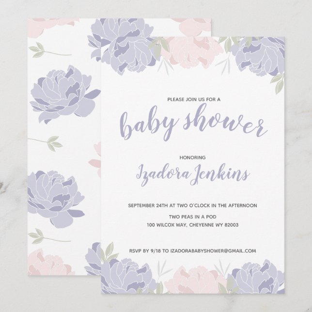 Niedliche Pastel Peonies Baby Dusche Party Einladung (Vorne/Hinten)