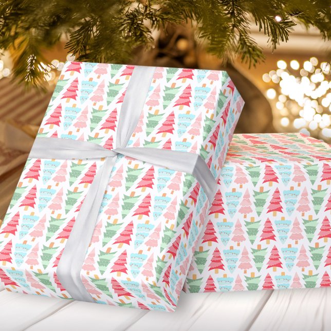 Niedliche Pastel Pink farbenfrohe Weihnachtsbaummu Geschenkpapier (Cute Pastel Pink Colorful Christmas Tree Pattern Wrapping Paper)