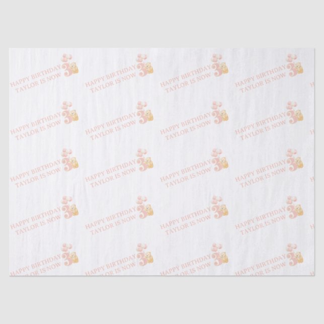 Niedliche Pastel Pink Teddy Bear 3 Jahre Geschenkp Seidenpapier (Vorderseite)