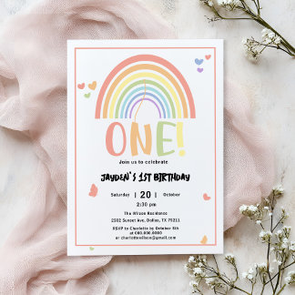 Niedliche Pastel Rainbow 1. Geburtstag Einladung