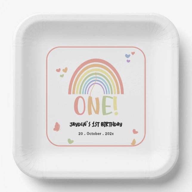 Niedliche Pastel Rainbow 1. Geburtstag Pappteller (Vorderseite)
