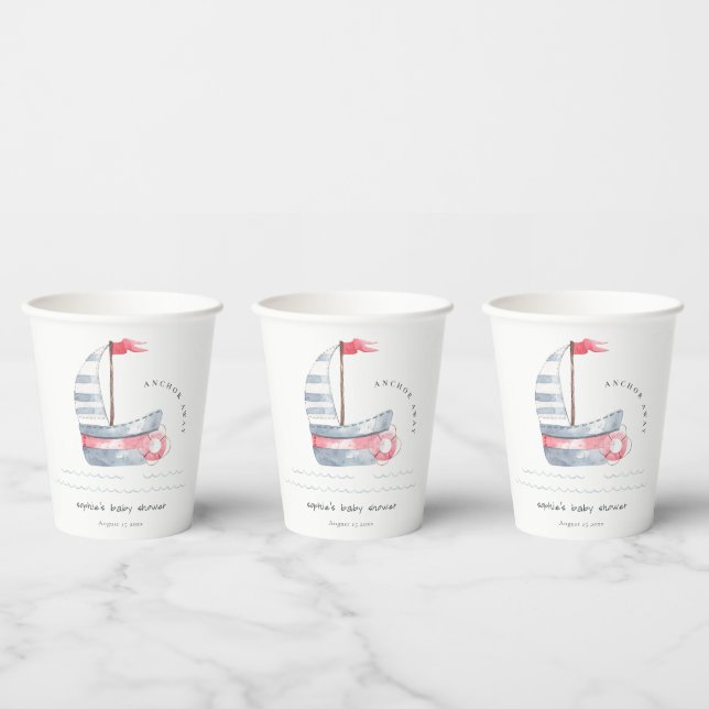 Niedliche Pastel Red Blue Sailboat Babydusche Pappbecher (Multi)