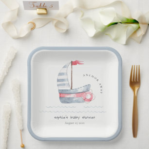 Niedliche Pastel Red Blue Sailboat Babydusche Pappteller