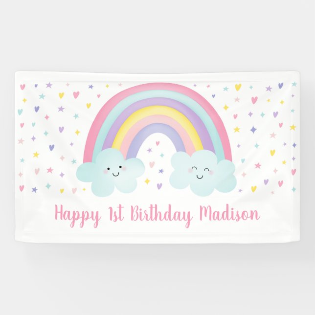 Niedliche Pastel-Regenbogenwolken Erster Geburtsta Banner (Horizontal)