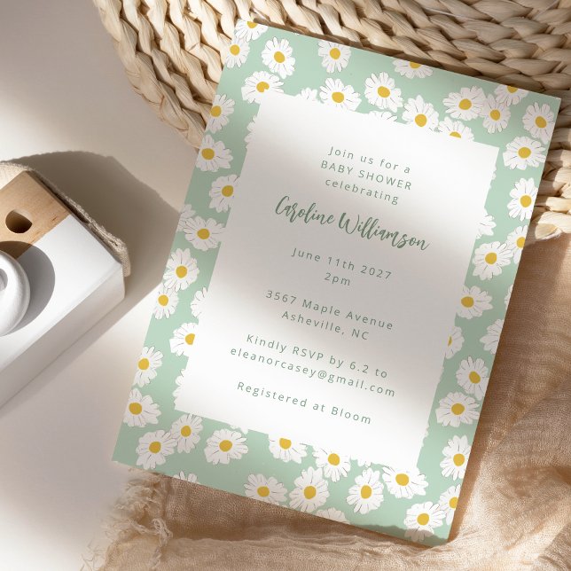 Niedliche Pastel Sage Green Daisies Floral Baby Du Einladung (Von Creator hochgeladen)