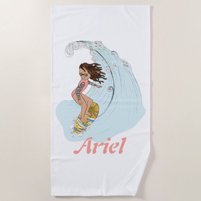 Niedliche Pastel Surfer Girl mit dem Namen Summer  Strandtuch (Vorderseite)