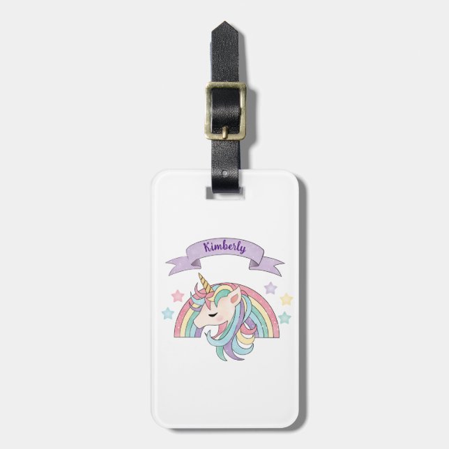 Niedliche Pastel Unicorn & Funkelnd Rainbow Indivi Gepäckanhänger (Vorderseite vertikal)