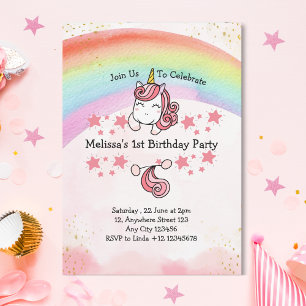 Niedliche Pastel Unicorn & Rainbow Erste Geburtsta Einladung