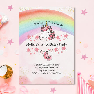 Niedliche Pastel Unicorn & Rainbow Erste Geburtsta Einladung