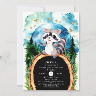 Niedliche Pastel Woodland Raccoon Geburtstag Einladung