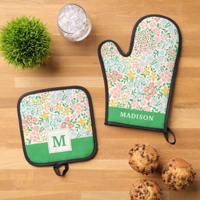 Niedliche Pastelgarten Blume Muster Ofenhandschuh & Topflappen-Set (Oben Unten)