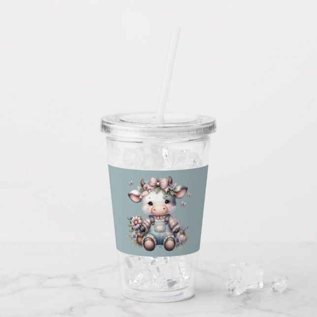 Niedliche Pastell Babykuh in Overalls mit Blume Acryltrinkbecher (Rückseite Ice)
