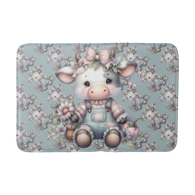 Niedliche Pastell Babykuh in Overalls mit Blume Badematte (Vorderseite)