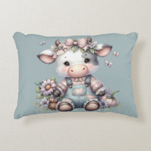 Niedliche Pastell Babykuh in Overalls mit Blume Dekokissen