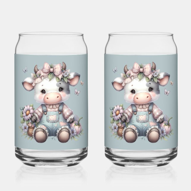 Niedliche Pastell Babykuh in Overalls mit Blume Dosenglas (Vorderseite)