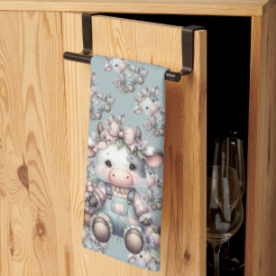 Niedliche Pastell Babykuh in Overalls mit Blume Geschirrtuch