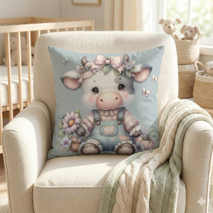 Niedliche Pastell Babykuh in Overalls mit Blume Kissen