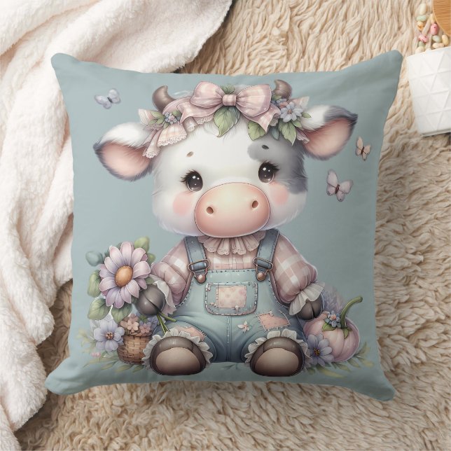 Niedliche Pastell Babykuh in Overalls mit Blume Kissen (Decke)
