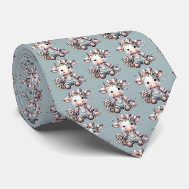 Niedliche Pastell Babykuh in Overalls mit Blume Krawatte (Gerollt)