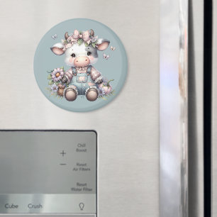 Niedliche Pastell Babykuh in Overalls mit Blume Magnet