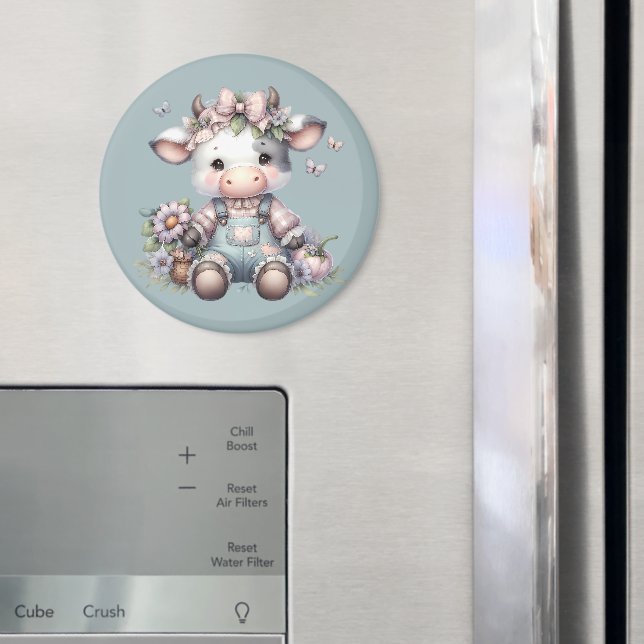 Niedliche Pastell Babykuh in Overalls mit Blume Magnet (In Situ (Kühlschrank))
