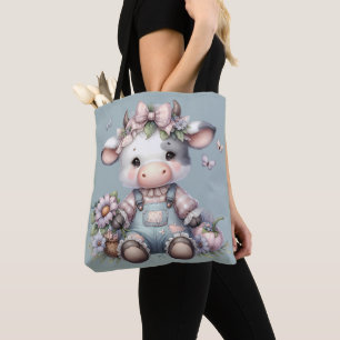 Niedliche Pastell Babykuh in Overalls mit Blume Tasche