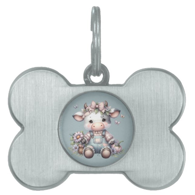 Niedliche Pastell Babykuh in Overalls mit Blume Tiermarke (Vorderseite)