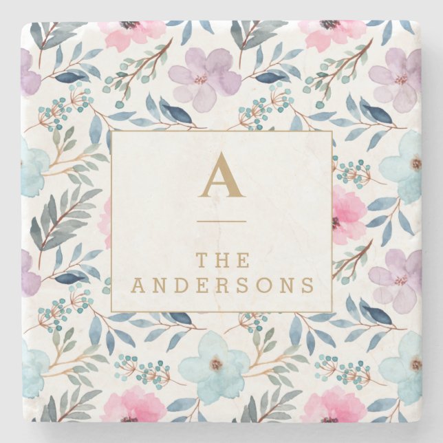Niedliche Pastell Blue Watercolor Blume Monogramm  Steinuntersetzer (Vorderseite)