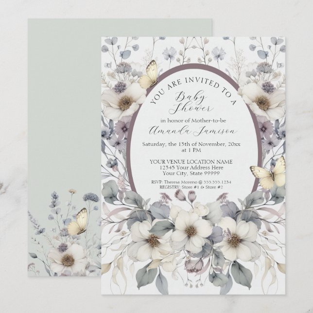 Niedliche Pastell-Blume Butterfly Lavender Yellow  Einladung (Vorne/Hinten)