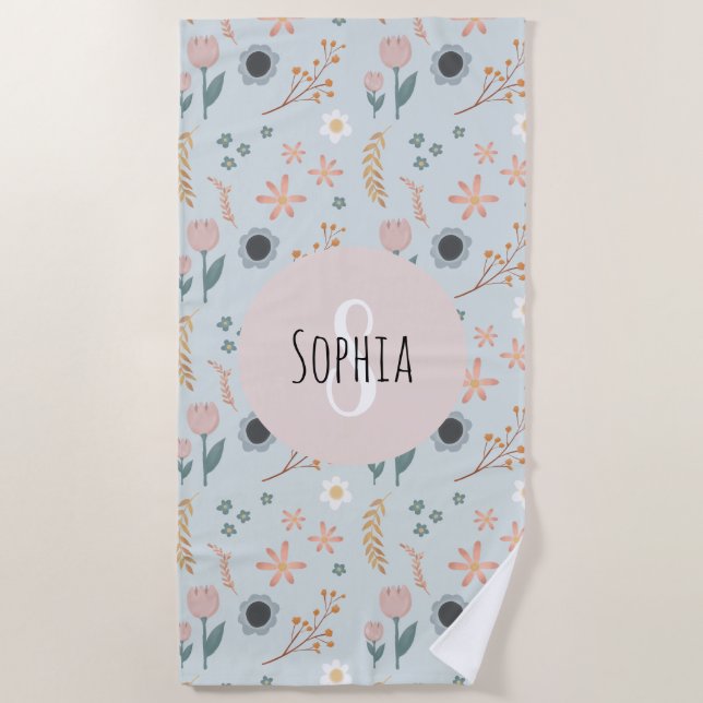 Niedliche Pastell Floral Print Botanic Monogram Strandtuch (Vorderseite)
