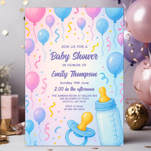 Niedliche Pastellballons und Babyflaschen Babydusc Einladung