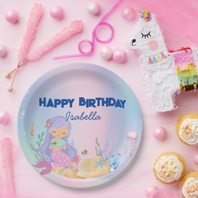 Niedliche pastellfarbene Meerjungfrau Rainbow Gebu Pappteller (Party)