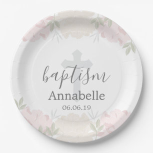 Niedliche Pastellrosa-Blumenbaby-Taufe Pappteller