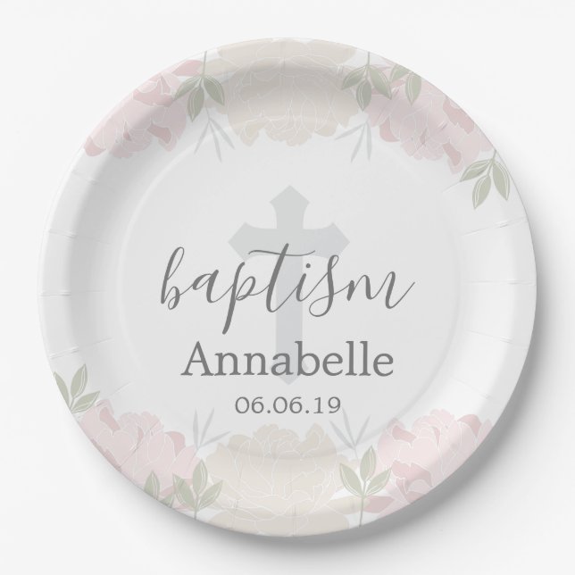 Niedliche Pastellrosa-Blumenbaby-Taufe Pappteller (Vorderseite)