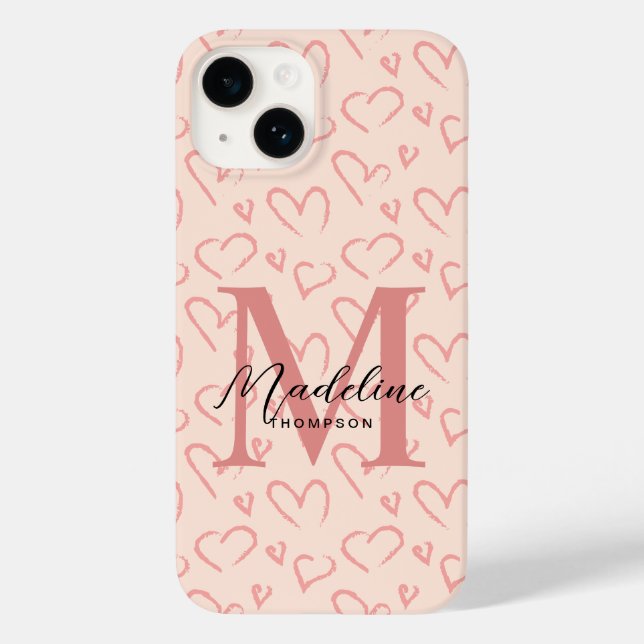 Niedliche Pastellrosa Herz-Muster-Script Monogram Case-Mate iPhone 14 Hülle (Rückseite)