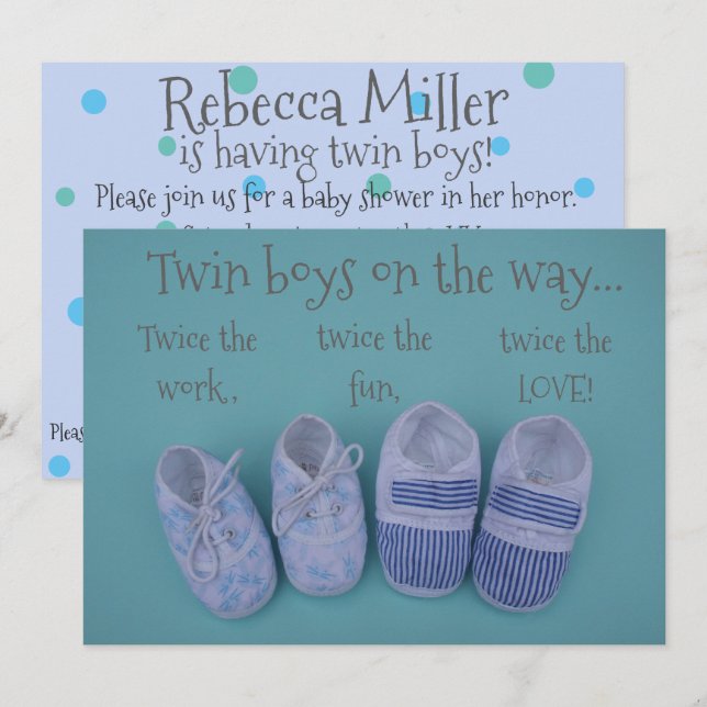 Niedliche Pastellschuhe Junge Zwillinge Baby Dusch Einladung (Vorne/Hinten)