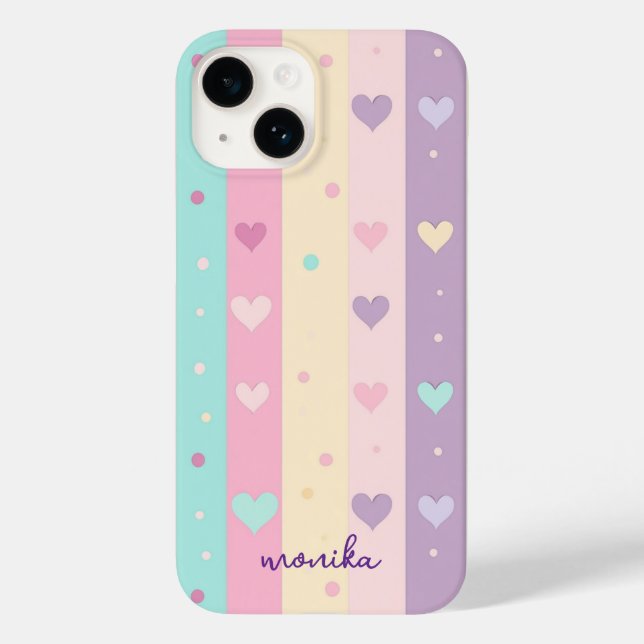 Niedliche Pastellstreifen Herz-Polka Dots Monogram Case-Mate iPhone 14 Hülle (Rückseite)