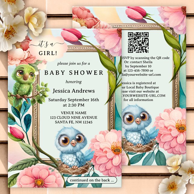 Niedliche Pastellvögel Aquarell Blume Kinderdusche Einladung (Cute girly baby shower invitation featuring a pastel watercolor illustration of flowers and birds)