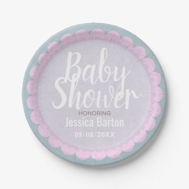 Niedliche Pastelrosa und Graue Babydusche Pappteller (Vorderseite)