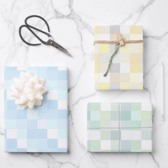 Niedliche Patchwork Pastel Lemon, Blau und Grün Geschenkpapier Set (Vorderseite)