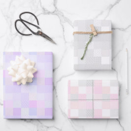 Niedliche Patchwork Pastel Pink, Lilac und Grau Geschenkpapier Set