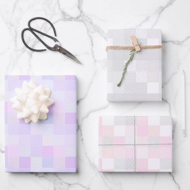 Niedliche Patchwork Pastel Pink, Lilac und Grau Geschenkpapier Set (Vorderseite)